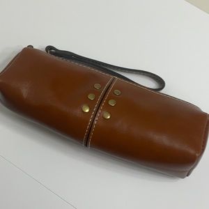 Patricia Nash Isla British Tan Leather Oblong Wristlet Cosmetic Pencil Case